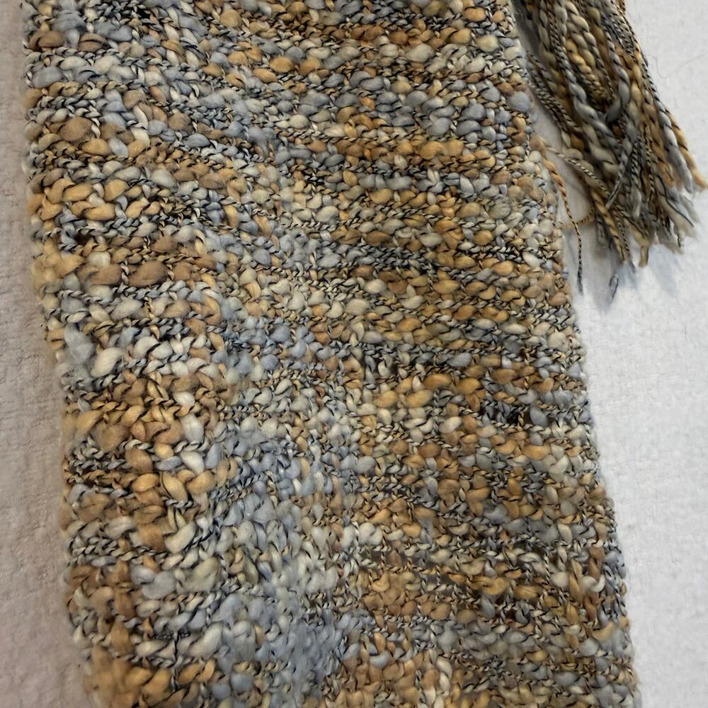 Handmade 100% Pashmina Chunky Knit Fringe Scarf in Yellow & Slate Blue 🍂✨ - Picture 3 of 8